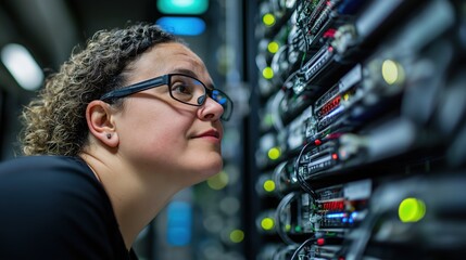 Focused it professional analyzing server rack in a data center with bright leds and modern technology surrounding her