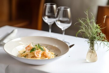 The plate of fettuccine pasta with octopus and seafood in a creamy white wine sauce, garnished with fresh greens and Parmesan. 
