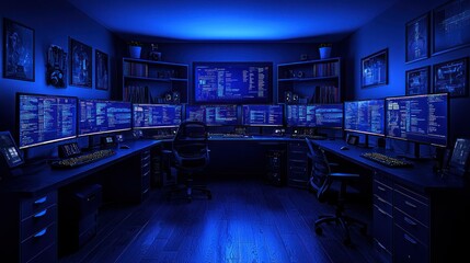 Hacker's Night Office Coding, Blue Light, Multiple Monitors
