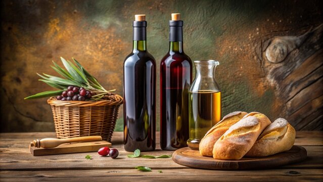 still life with bottle of wine and cheese - Powered by Adobe