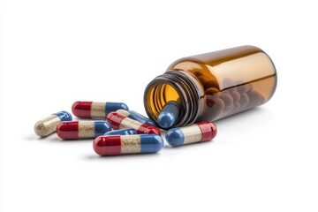 Colorful capsules spill from an amber bottle on a white surface, representing health and wellness isolated on transparent background