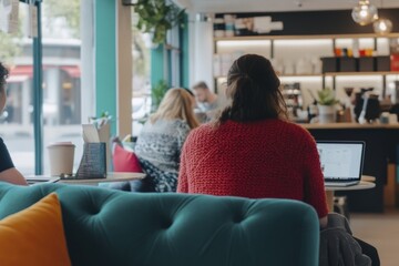 Obraz premium Cozy cafe workspace with people socializing and working on laptops in a modern urban setting