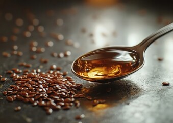spoonful of flaxseed oil with flaxseeds scattered around on a tabletop