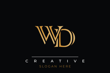 Sophisticated gold WD monogram logo on a sleek black background, ideal for branding, creative design, and luxurious themes.