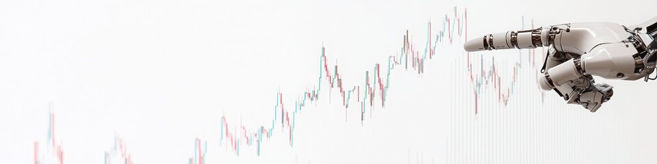 Robot Mechanical Hand Pointing at Abstract Graphs, Charts on a LinkedIn Banner with copy space, Background, Sketched, Android Hand, AI Generated