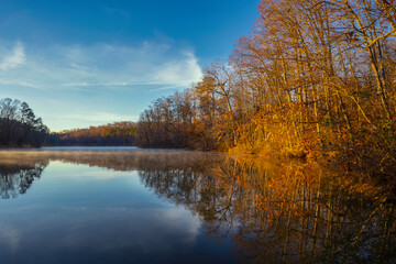 Obraz premium The morning sun casts a warm glow on the autumn trees along the banks of Chief McIntosh Lake in Indian Springs State Park in Georgia. The blue sky, clouds and trees reflect in the calm water.