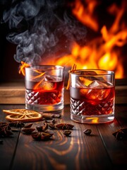 Bold Negroni shines in heavy glass with ice and citrus twist, set against moody background. Warm highlights, mist rising add air of exclusivity and luxury for upscale nightlife promotions