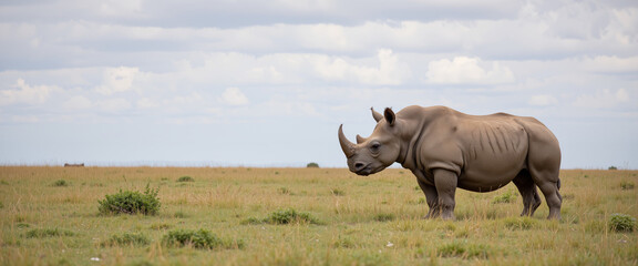 Obraz premium Rhino standing majestically in serene savannah landscape under soft clouds, symbolizing wildlife conservation and harmony with nature