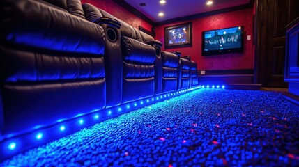 Home theater with LED floor lighting, pebble flooring, and reclining seats