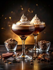 rich smooth bourbon chocolate cocktail served in classic coupe glass, garnished with whipped cream and cocoa shavings. Warm ambient lighting  the deep tones against refined black and gold setting