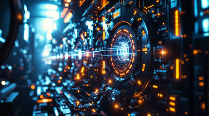 The Science fiction fusion of quantum computing and teleportation concept, a high-tech backdrop. Wallpaper.