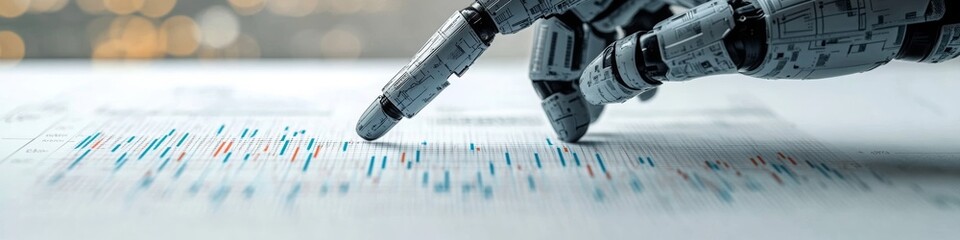 Robot Mechanical Hand Pointing at Abstract Graphs, Charts on a LinkedIn Banner with copy space, Background, Sketched, Android Hand, AI Generated