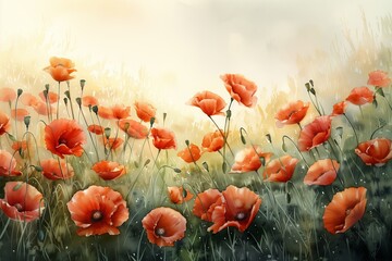 Obraz premium A vibrant field of red poppies swaying gently under the golden sunlight.