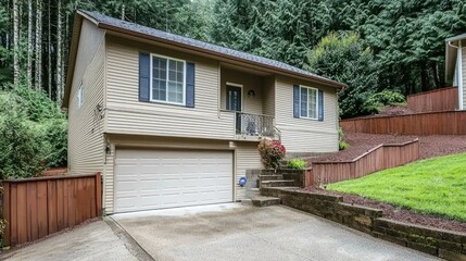 Beige split-level home on sloped lot with lush green trees background. Real estate marketing
