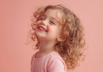 Naklejka premium A cute little girl wearing a pink top laughs with joy, showcasing her curly hair and bright smile in a cheerful atmosphere