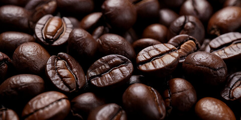 Obraz premium Frisch geröstete Kaffeebohnen – Intensive Farben und glänzende Oberfläche in Makroaufnahme