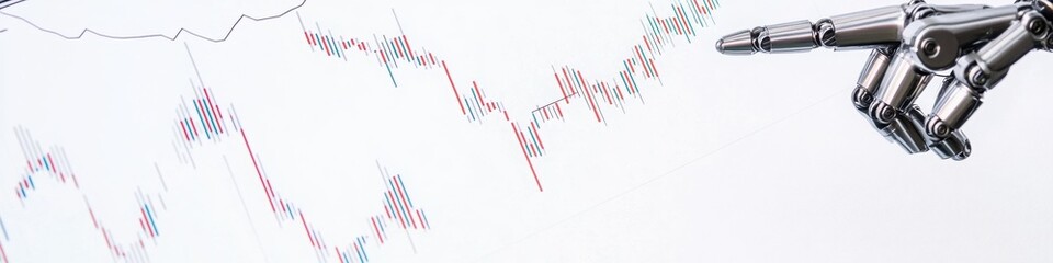 Robot Mechanical Hand Pointing at Abstract Graphs, Charts on a LinkedIn Banner with copy space, Background, Sketched, Android Hand, AI Generated