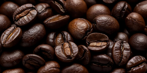 Fototapeta premium Nahaufnahme gerösteter Kaffeebohnen – Aromatische, glänzende Bohnen in dunklem Braunton