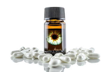 A bottle of essential oil and white capsules create a unique eye design composition isolated on transparent background