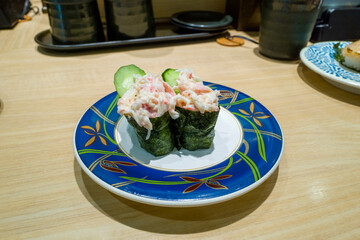 Vegetable sushi in Osaka in Asia, Japan, Kansai, Osaka, in summer, on a sunny day.