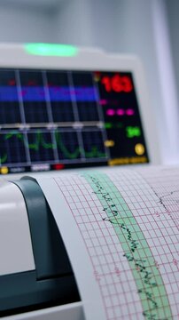 Machine for electronic cardiogram printing paper report. Close up. Heart examination for the pregnant woman. Vertical video