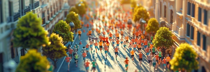 A vibrant scene capturing a city marathon with runners and cheering crowds.