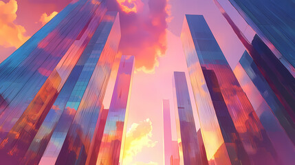 A dynamic perspective of a row of modern office towers with reflective glass facades under a vibrant sunset sky. Mirrored Infinity Towers. Illustration