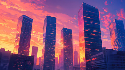 A dynamic perspective of a row of modern office towers with reflective glass facades under a vibrant sunset sky. Mirrored Infinity Towers. Illustration