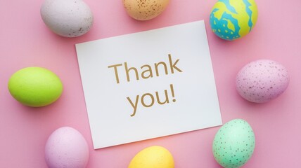 Colorful easter eggs surround a thank you card on pink background