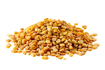 A vibrant mound of golden fenugreek seeds displayed against a clean white background isolated on transparent background