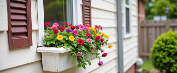 Fototapeta premium Brightly colored flowers in a white window box create a cheerful atmosphere, representing the vibrancy of spring in a charming residential setting with a rustic exterior
