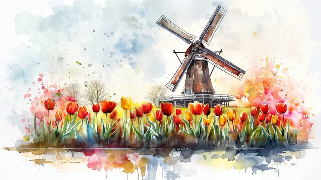 A vibrant watercolor scene of a windmill surrounded by colorful tulips in bloom.