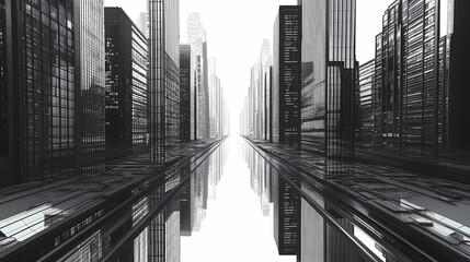 Fototapeta premium Futuristic cityscape: endless skyscrapers in monochrome metropolis. Mirrored Infinity Towers. Illustration