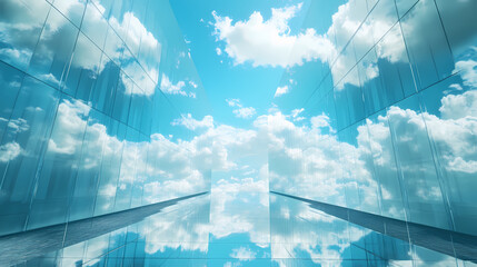 Futuristic glass towers reflecting infinite sky and clouds. Mirrored Infinity Towers. Illustration