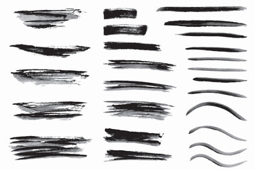 Grunge black and grey watercolour brush strokes. Collection of paint stripes and backgrounds, vector, isolated.