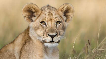 Obraz premium Lion Cub Portrait in Savanna. Possible use Wildlife, nature