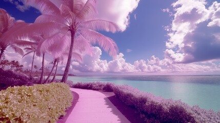 A Serene, Pastel-Colored Beach Paradise with Palm Trees and a Coastal Walkway