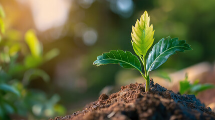 In a serene outdoor setting, a new green plant breaks through the dark soil, symbolizing growth and resilience in the face of challenges. This moment encapsulates nature's power of renewal and hope