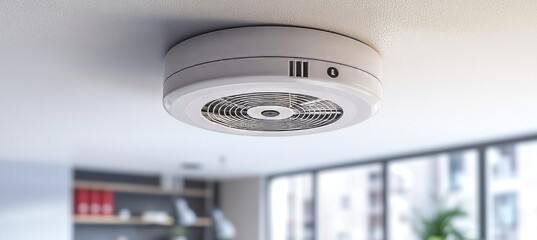 Modern Smoke Detector Mounted to Ceiling, Well-Lit Open Office Background, Professional Space Design