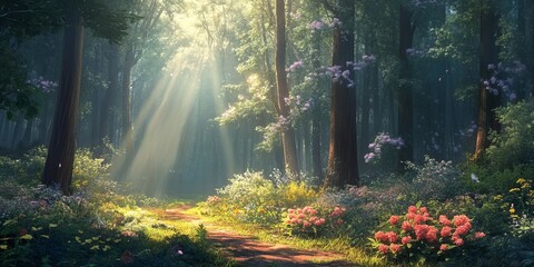 Obraz premium A serene forest landscape featuring tall green trees, including pines, with sunlight filtering through the canopy. Perfect for nature, outdoor, and environmental-themed projects. 