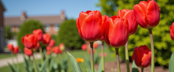 Obraz premium Vibrant red tulips in full bloom basking under a clear blue sky, showcasing the beauty of spring gardening in a lush green garden setting