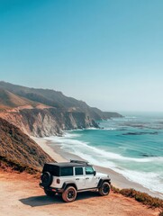 SUV parked near a scenic coastal road with an ocean view, ready for a road trip. sea travel on the car. copy space