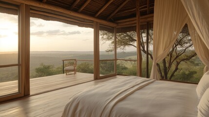 Fototapeta premium Luxurious Elevated Bedroom with Panoramic Sunrise View