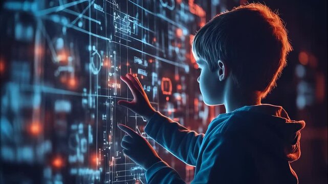 A young boy interacts with a futuristic, data rich digital interface. The image highlights the growing importance of STEM education and early exposure to math and science. - Powered by Adobe