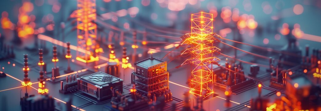 Aerial view of a modern industrial landscape with glowing energy grid and buildings.