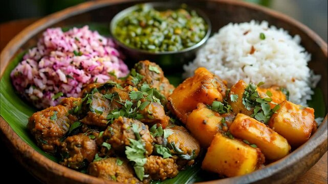 Savory Odia thali for Odisha Day. A delicious platter features mutton curry, aloo piyaz, rice, and chutneys. A vibrant celebration of Odia cuisine.