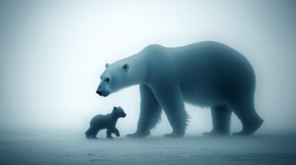 Fototapeta premium Mother polar bear and cub in misty arctic landscape.