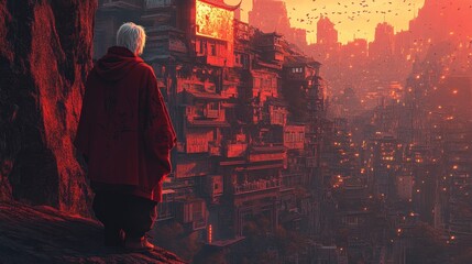 A resolute warrior with white hair is seen walking through an ancient village, surrounded by traditional houses in the background of a wallpaper stock image