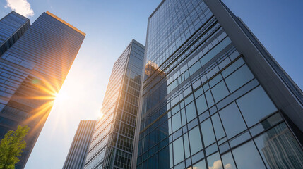 Fototapeta premium A sleek glass skyscraper towers against the blue sky, capturing the sunlight beautifully. This contemporary structure represents progress and inspiration for urban development and business