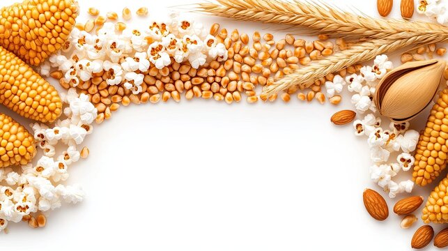 Corn kernels popcorn and wheat compose a delicious frame